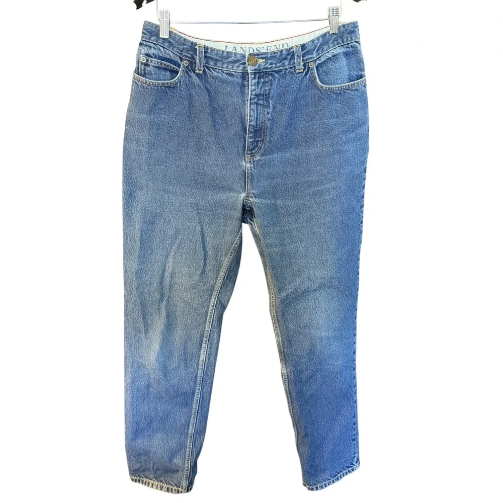 Lands End Womens‎ 14 High Rise Straight Leg Blue Denim Mom Jeans 100% Cotton